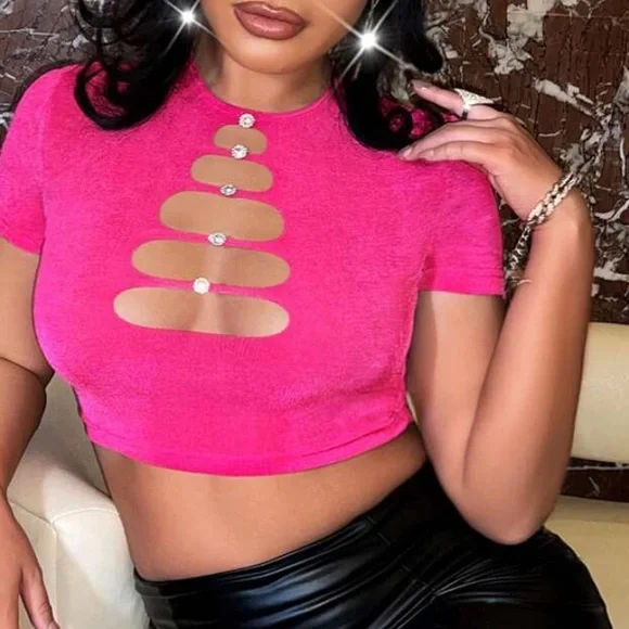 Rhinestone Ladder Cut Out Crop Tee - Picture 4 of 6